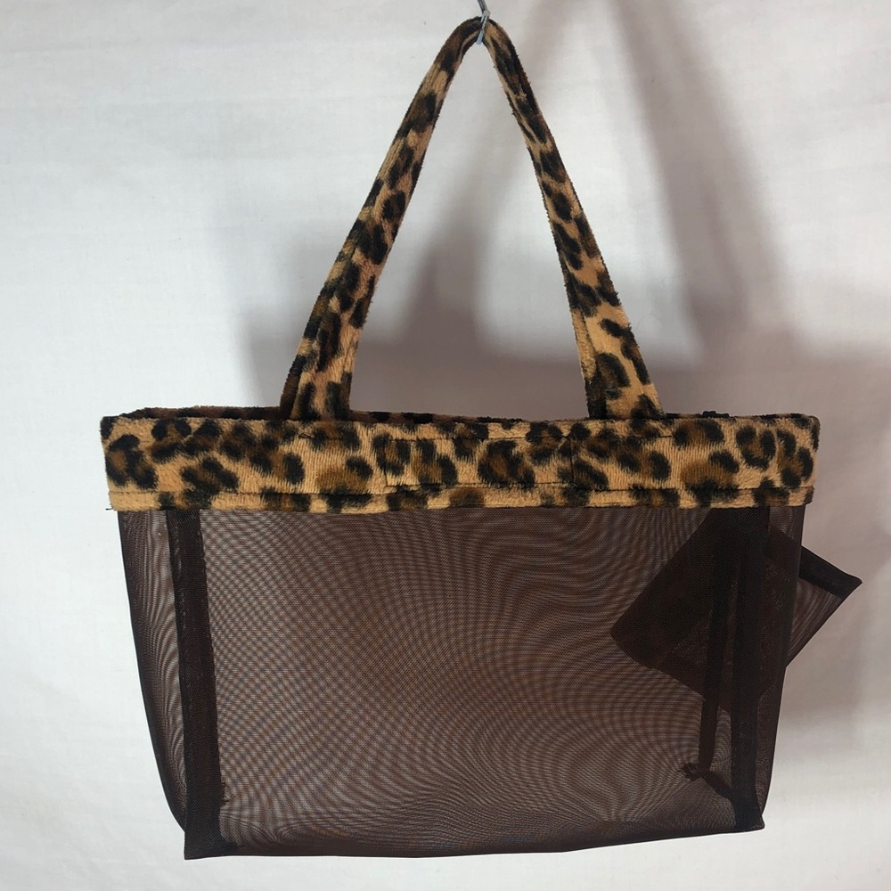 Leopard Trim Brown Mesh Tote Bag & Matching Zip Purse (13” x 8 1/2”) - Picture 2 of 7